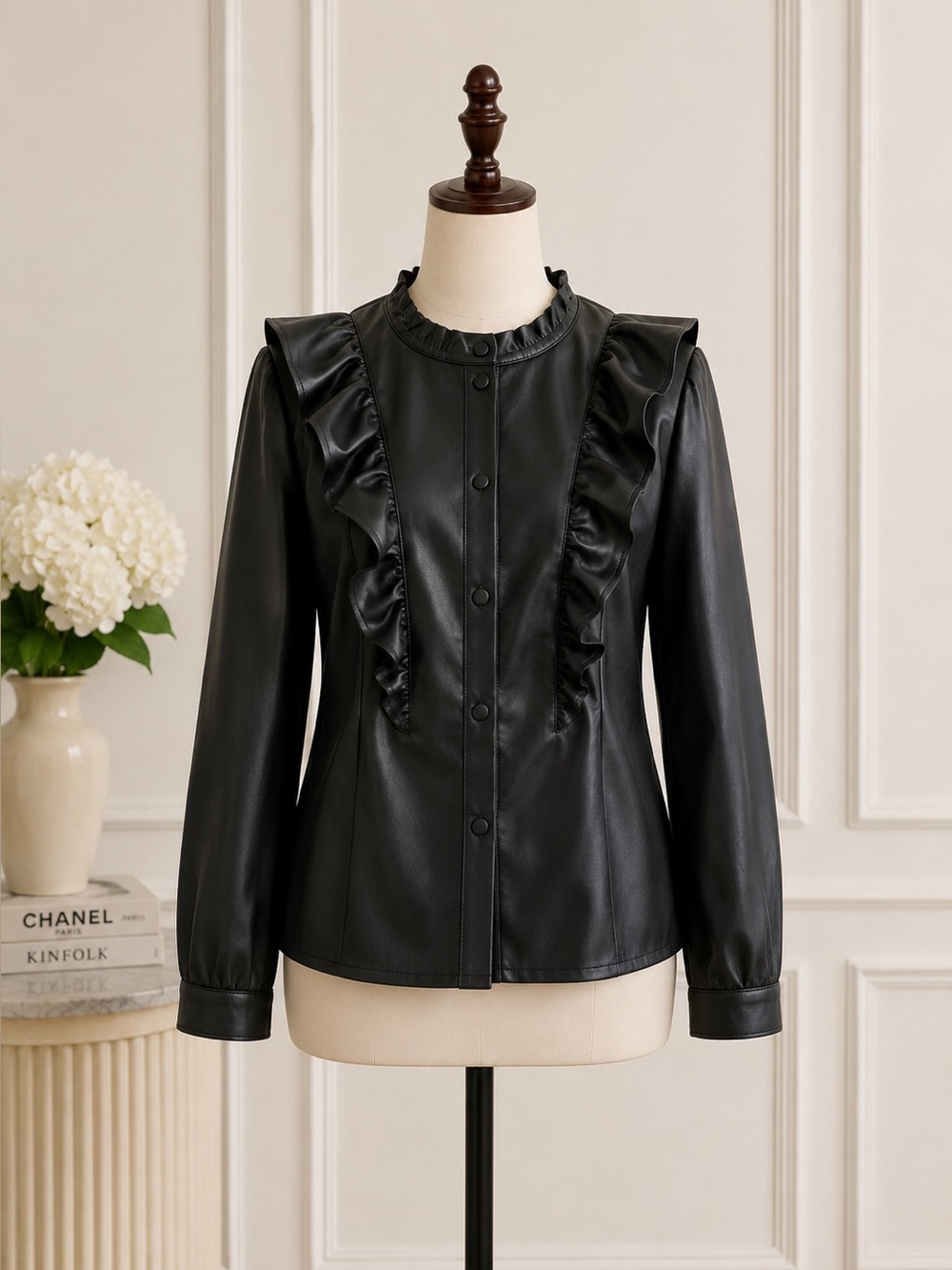New York & Company Black Faux Leather Ruffle-Trim Button Jacket